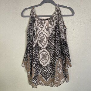 Chico’s Eclectic Medallions Cold Shoulder Tunic 3/4 Sleeve Size O*Flaws*